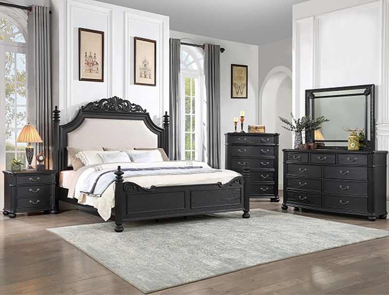 Traditional Black Bed Frame Ornate Carved Scrollwork Posts