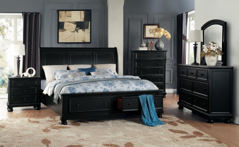 Traditional Black Sleigh Bed with Footboard Storage Drawers