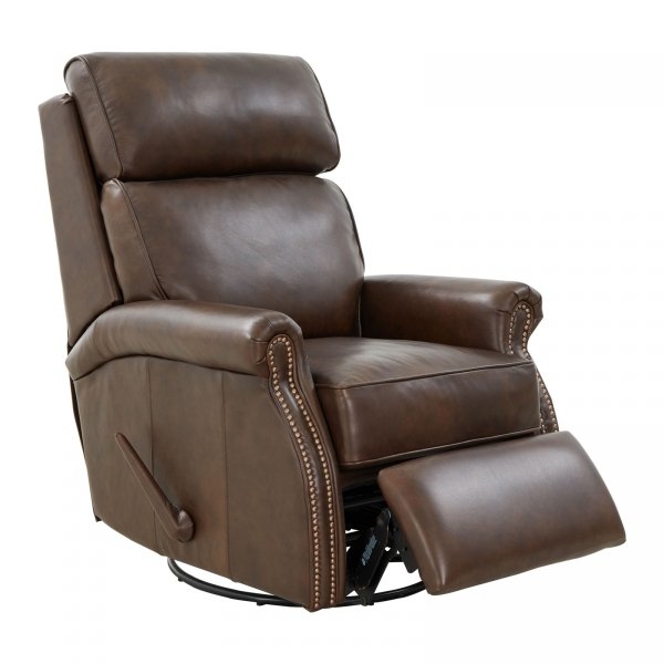 Traditional Brown Recliner with Nailhead Trim, Rolled Arms, Swivel Base.
