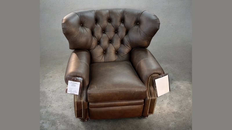 Traditional Button Back Recliner, Distressed Leather-Like Wingback