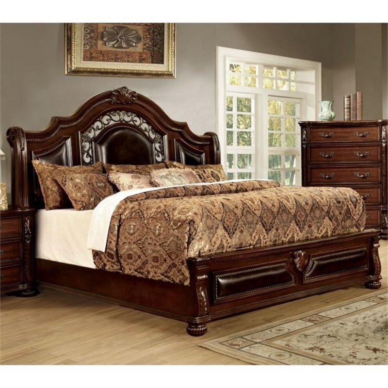 Traditional Cal King Bed Brown Cherry Wood Ornate Carved Headboard