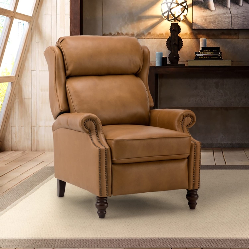 Traditional Camel Leather Recliner Chair with Wingback and Turned Legs