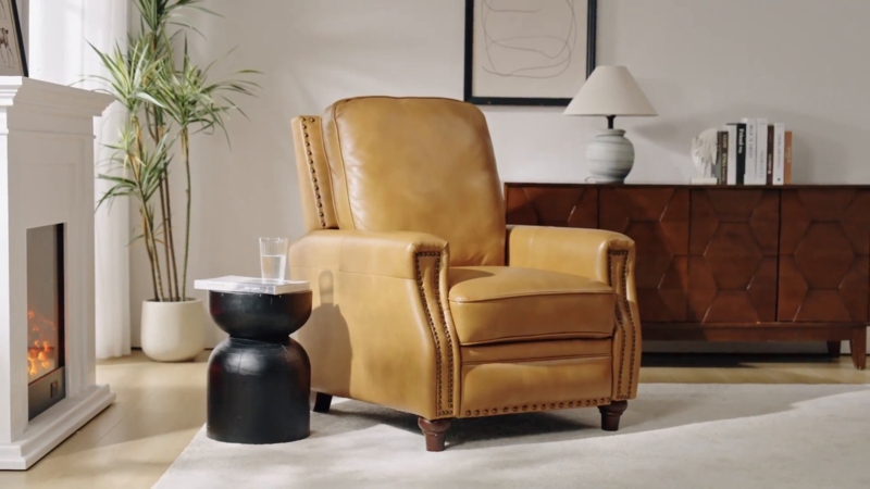Traditional Camel Recliner featuring Turned Legs and Rolled Arms