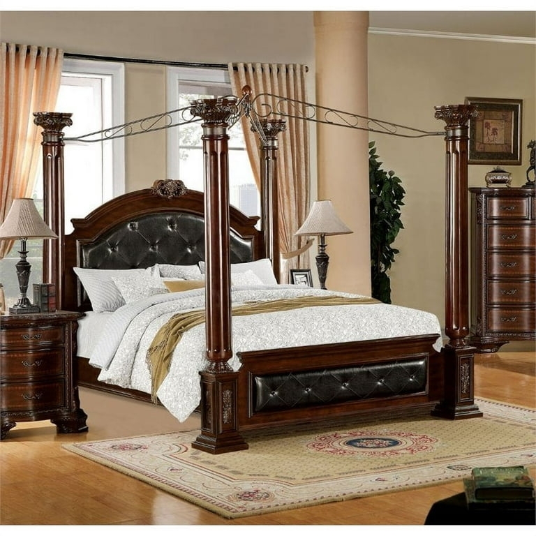 Traditional Cherry Canopy Bed Corinthian Capitals Tufted Detail