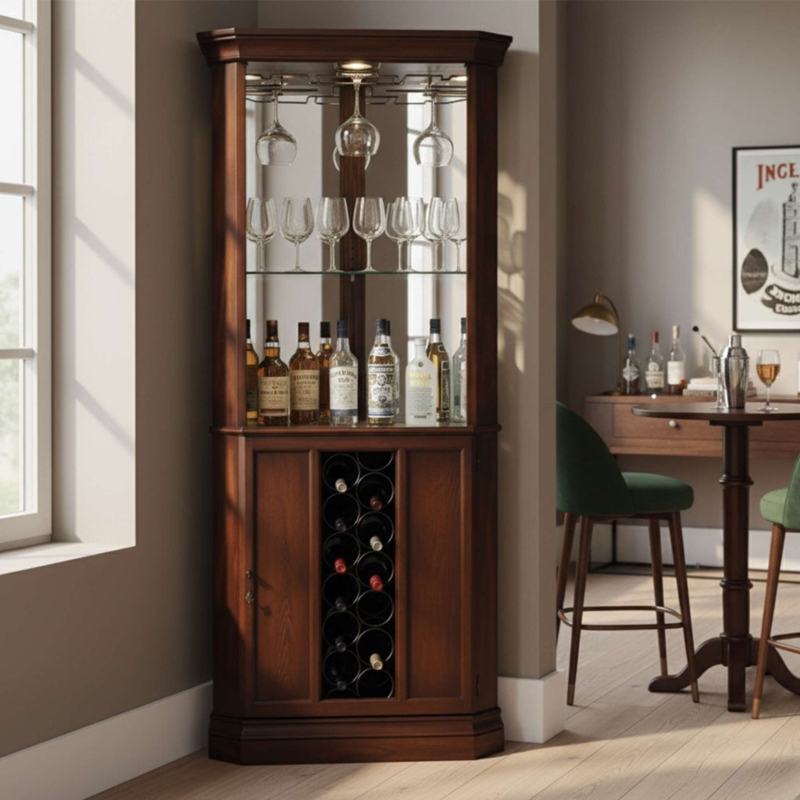 Traditional Cherry Wood Corner Wine Cabinet with Central Bottle Grid