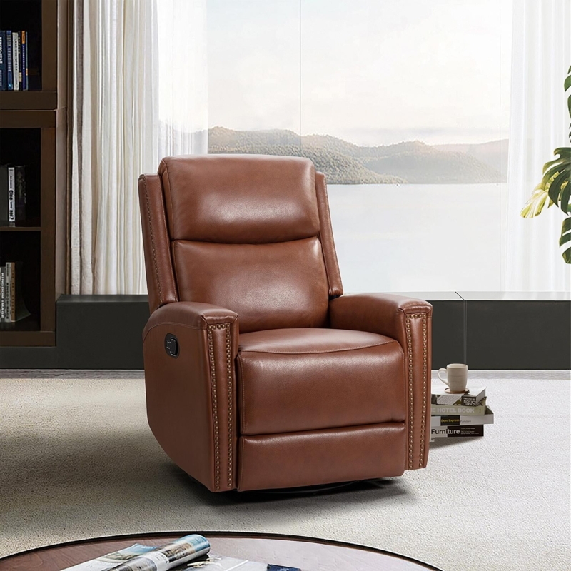 Traditional Chestnut Brown Swivel Rocker Recliner, Nailhead Trim