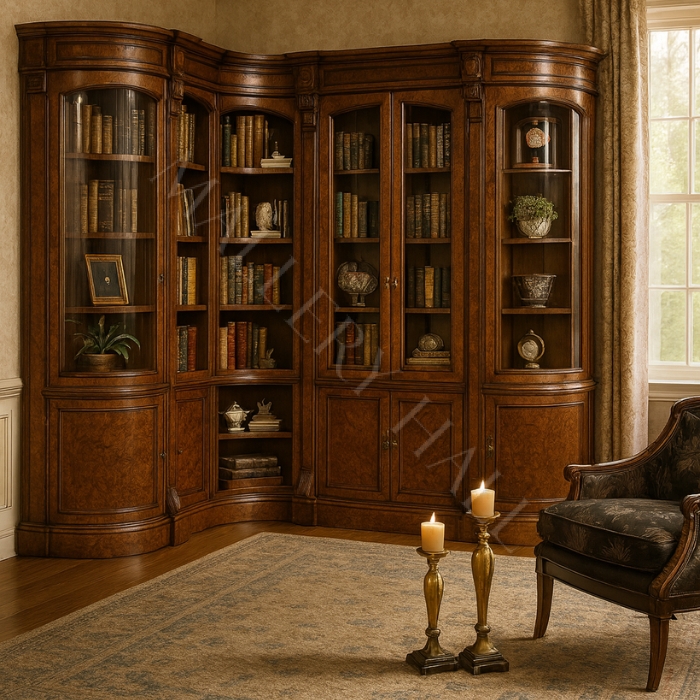 Traditional Corner Bookcase Mahogany Burl Wood Accents Arched Glass Doors