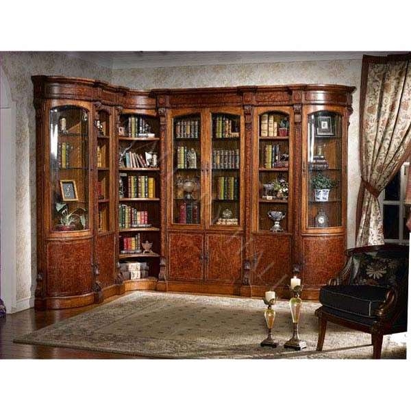 Traditional Corner Bookcase Mahogany Burl Wood Accents Glass Doors