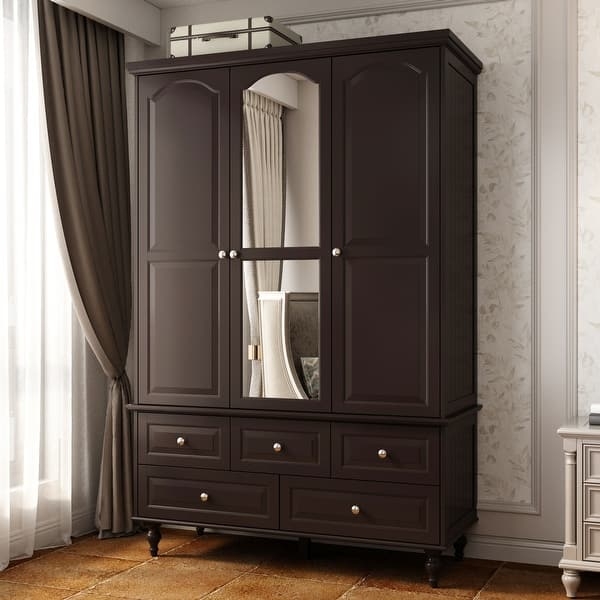 Traditional Dark Brown Armoire with Central Mirror and Five-Drawer Base