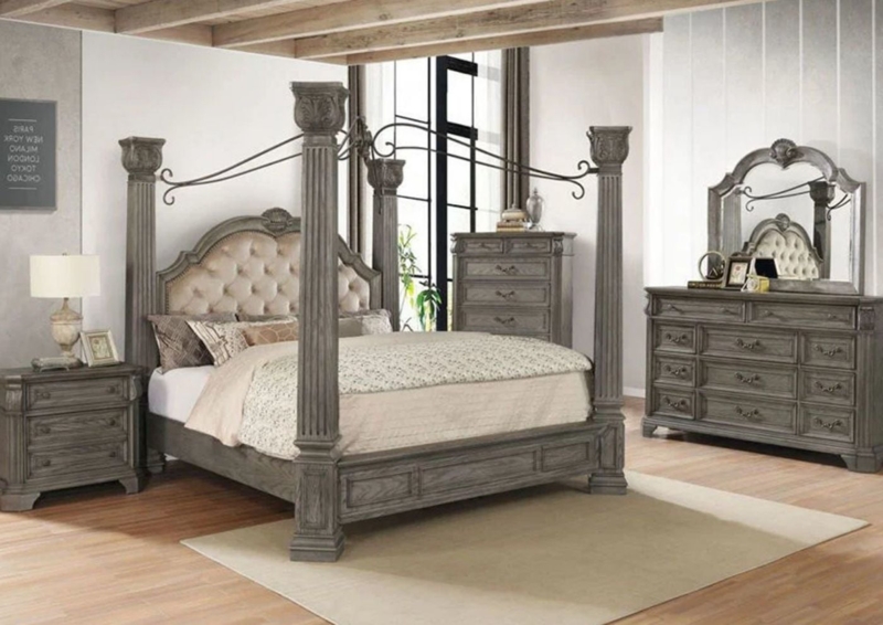 Traditional Grey Canopy Bedroom Set with Metal Rails and Carved Posts