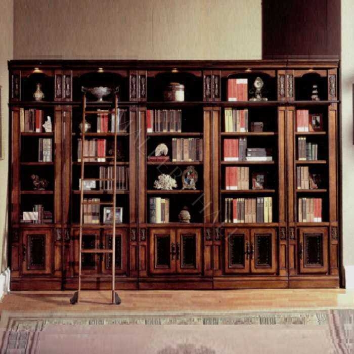 Traditional Italian Bookcase with Rolling Ladder and Integrated Lighting