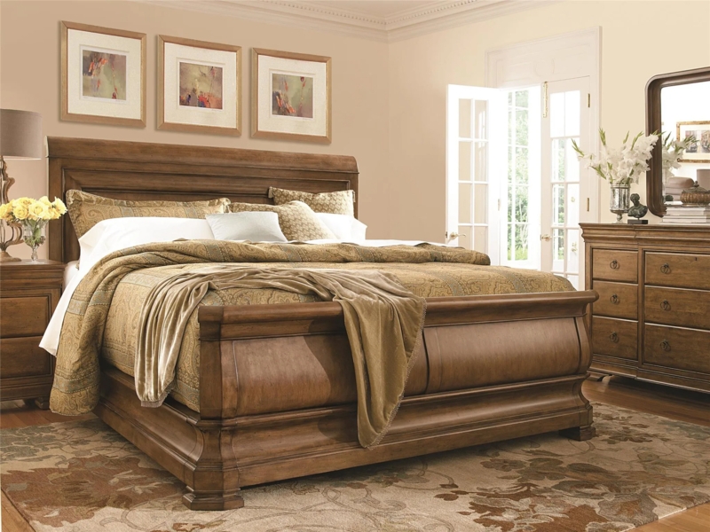 Traditional King Sleigh Bed in Warm Brown Wood with Paneled Design