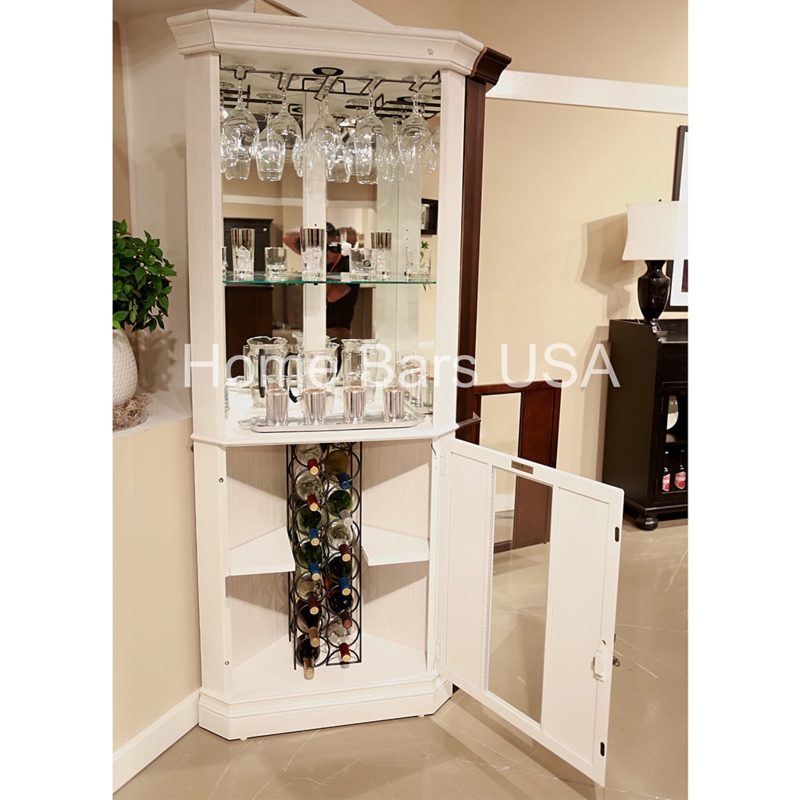 Traditional Off-White Corner Bar Cabinet with Mirrored Display