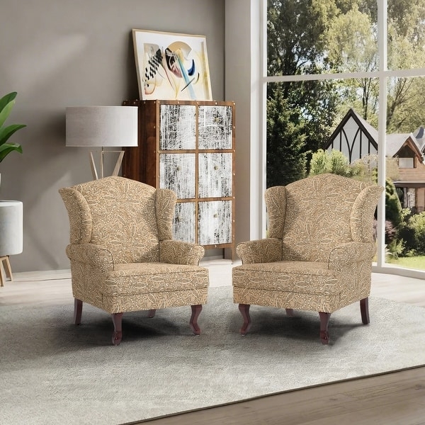 Traditional Paisley Wingback Chairs Set of 2 Beige Patterned