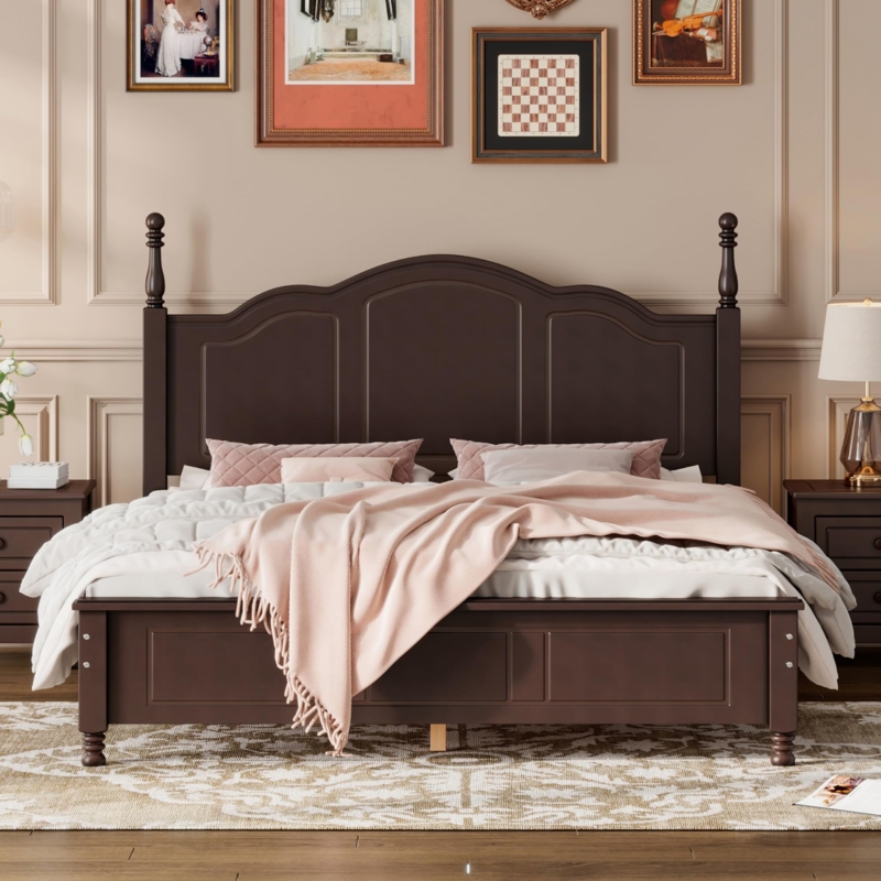 Traditional Platform Bed Dark Brown Arched Panel Headboard Turned Posts