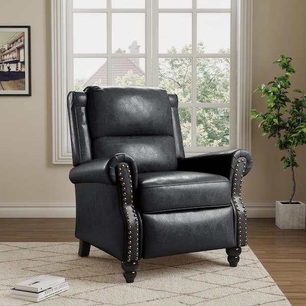 Traditional Recliner Chair Black Leather Like Nailhead Trim Rolled Arms