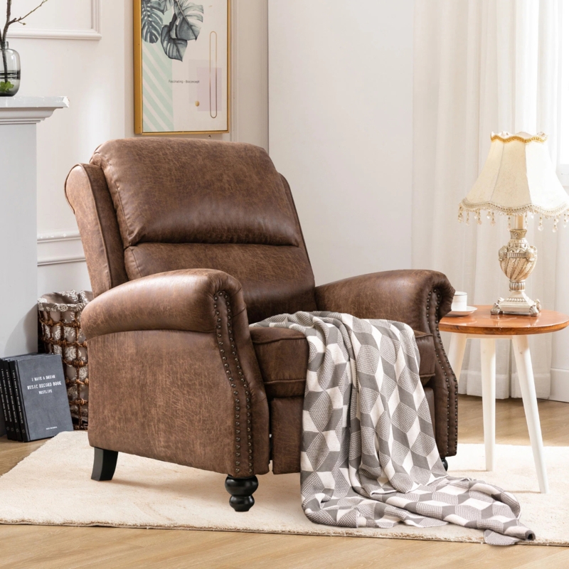 Traditional Reddish Brown Faux Leather Recliner with Nailhead Trim