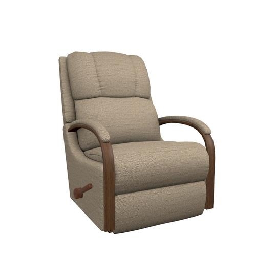 Traditional Rocking Recliner with Curved Wooden Arms and Heathered Fabric