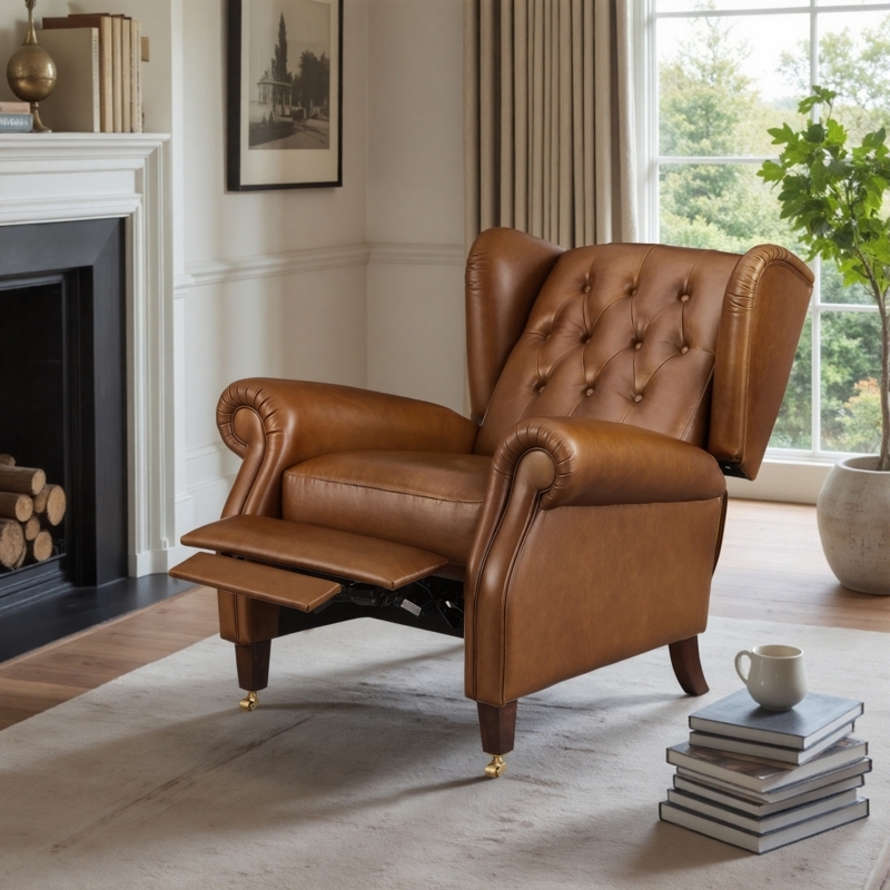 Traditional Rolled Arm Armchair, Tan Wingback with Front Casters