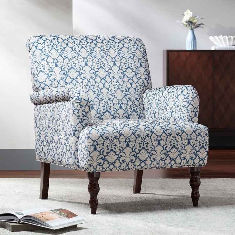 Traditional Rolled Arm Chair, Damask Pattern, Turned Legs