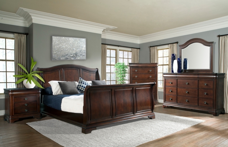 Traditional Sleigh Bedroom Set in Dark Brown with Arched Mirror