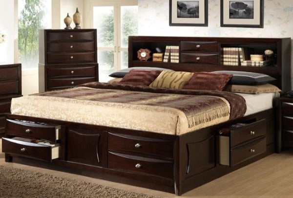 Traditional Storage Platform Bed in Dark Espresso with Bookcase