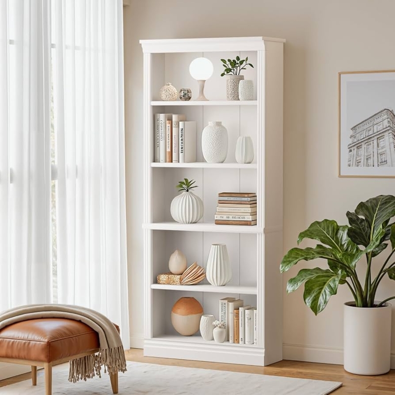 Traditional Tall Bookcase with Crown Molding and Fluted Side Trim