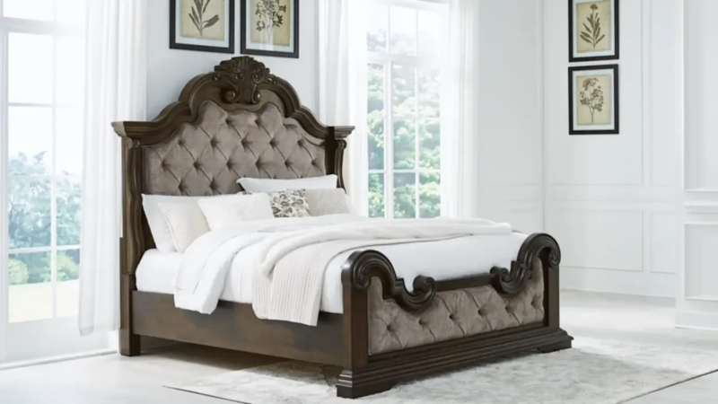Traditional Upholstered Bed with Ornate Carved Scrollwork