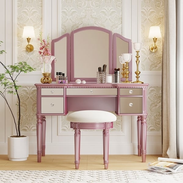 Traditional Vanity Set with Arched Tri-Fold Mirror and Fluted Legs