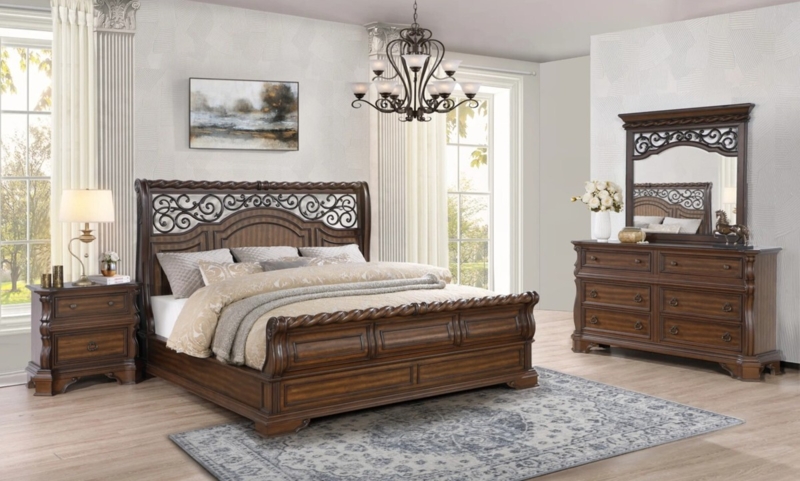 Traditional Walnut Sleigh Bed featuring Intricate Metal Scrollwork Insets