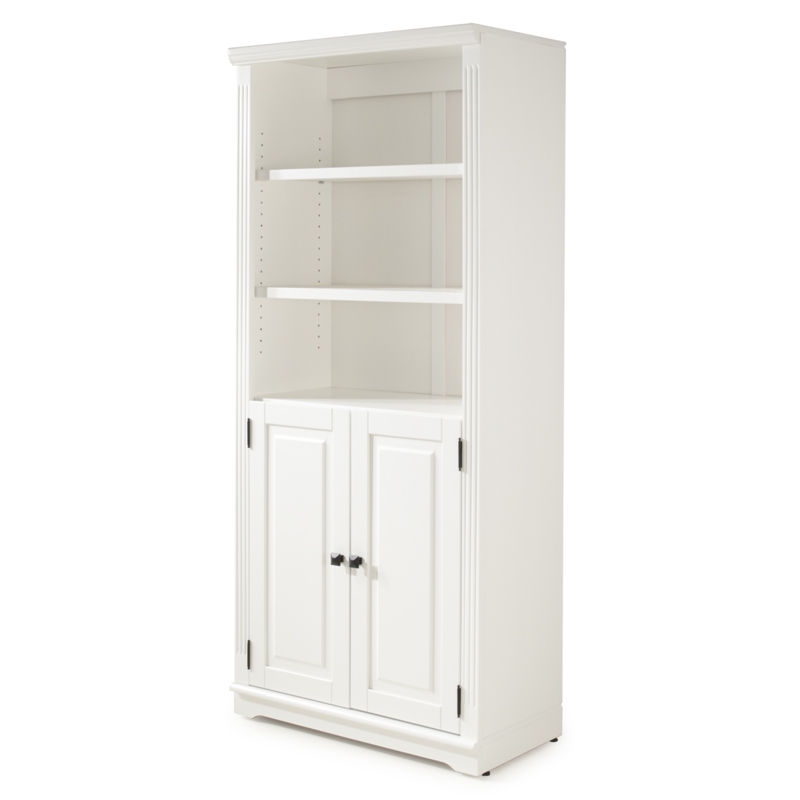 Traditional White Tall Bookshelf with Fluted Details and Black Knobs