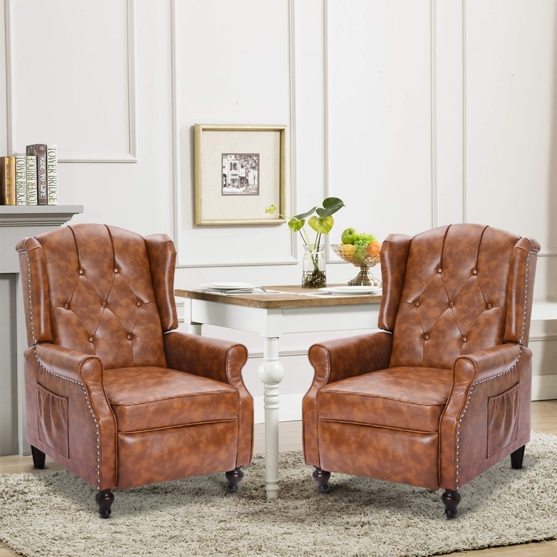 Traditional Wingback Recliner, Cognac Leather-Like with Turned Legs
