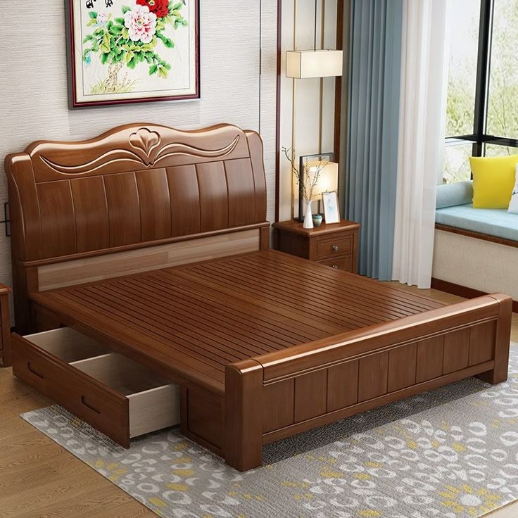 Traditional Wood Bed Frame with Carved Headboard and Underbed Drawers.