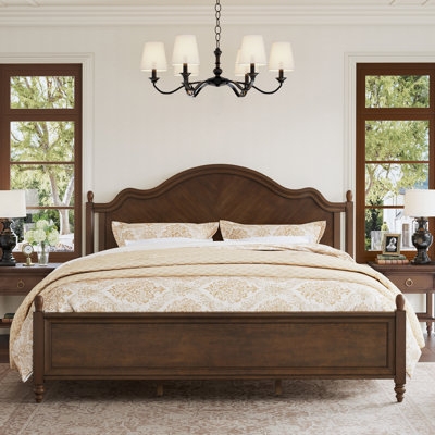 Transitional Bed with Arched Herringbone Wood Headboard