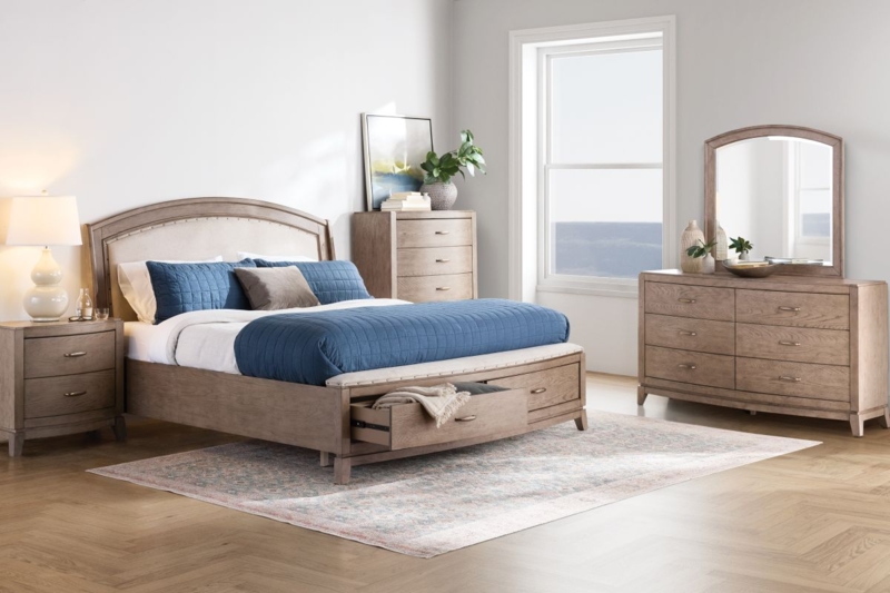 Transitional Bedroom Set Beige Wingback Headboard Nailhead Trim Dark Wood