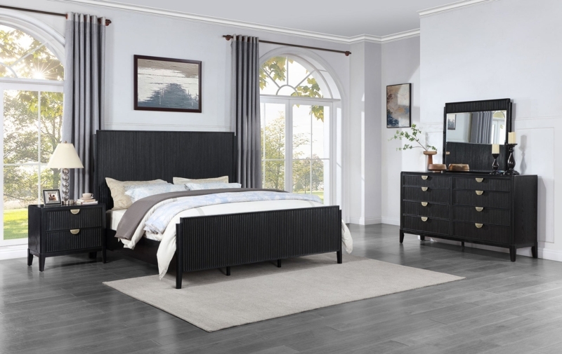 Transitional Bedroom Set Black Ribbed Panels Gold Crescent Hardware