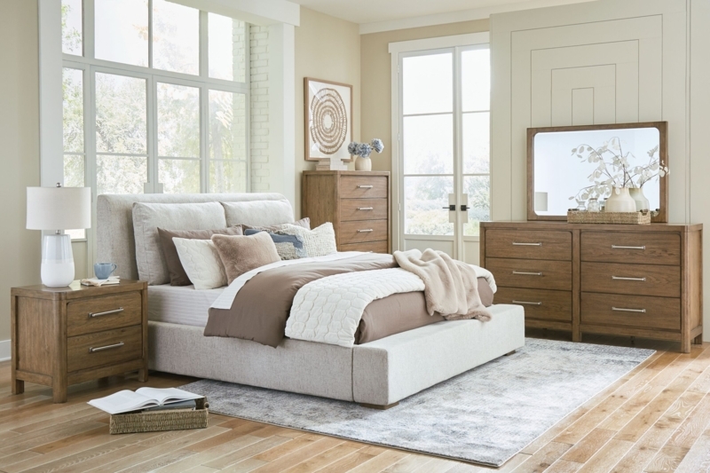 Transitional Bedroom Set: Light Brown Wood, Upholstered King Bed, Slim Hardware