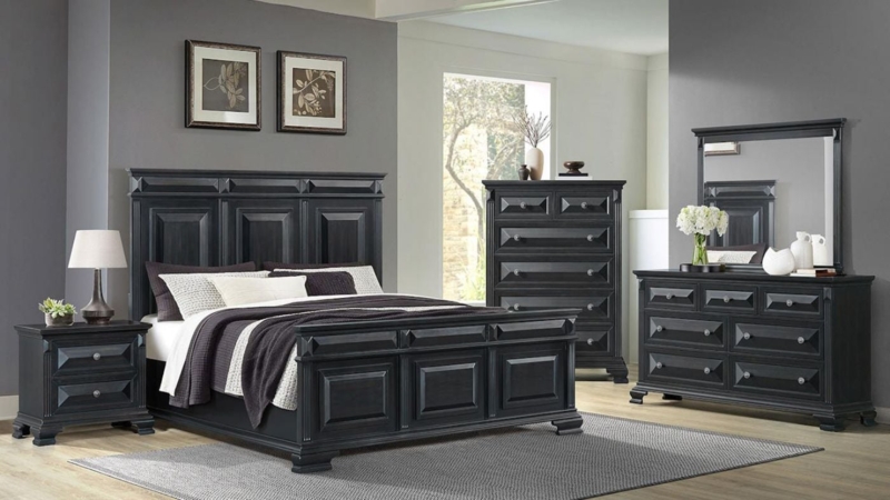 Transitional Bedroom Set Satin Black Raised Panels and Crown Molding