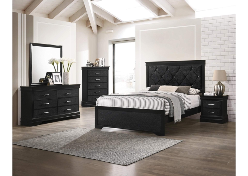 Transitional Bedroom Set Textured Black Finish Diamond Tufted