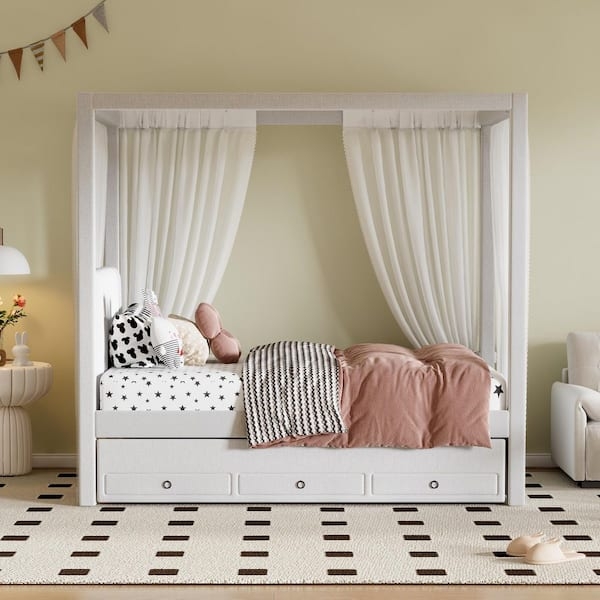 Transitional Beige Canopy Bed with Sheer Drapery and Trundle