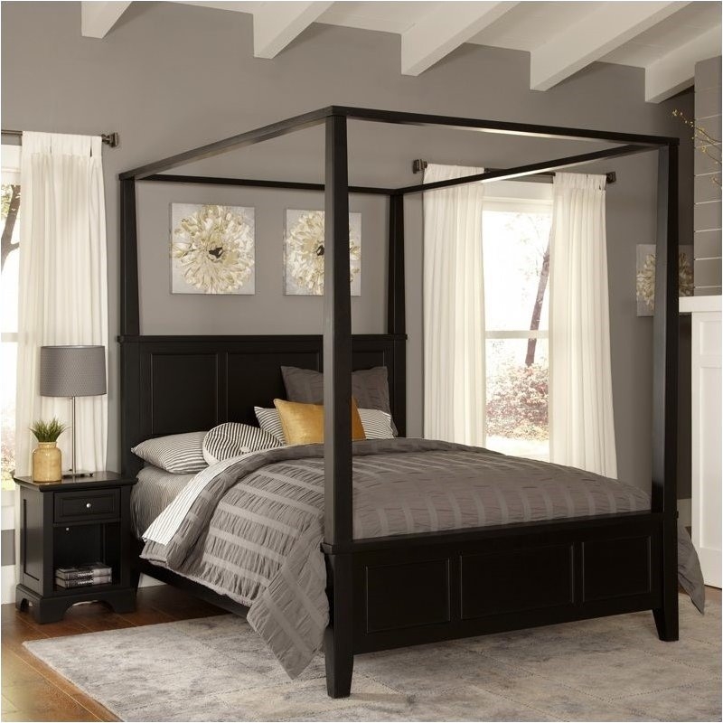 Transitional Black Canopy Bed Frame with Recessed Paneled Headboard