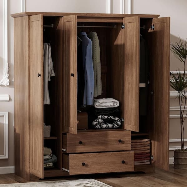 Transitional Brown Wood Wardrobe with Built-in Hanging Rail