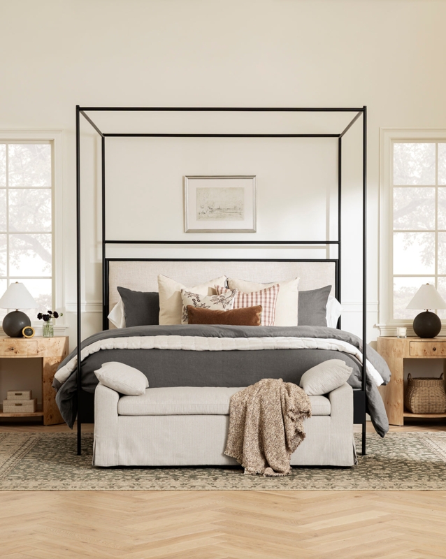 Transitional Canopy Bed Metal Frame Cream Upholstered Headboard (72 characters)