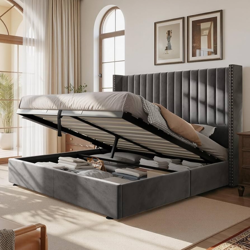 Transitional Charcoal Gray Storage Bed Channel Tufted Wingback