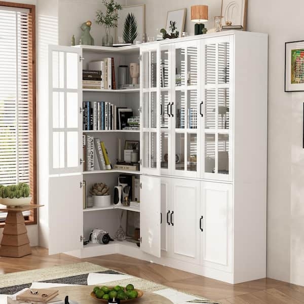Transitional Corner Bookcase Mullion Glass Doors Cabinet Base