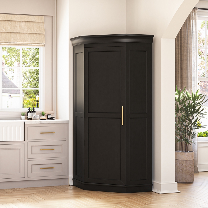 Transitional Corner Pantry Cabinet with Single Door and Gold Pull