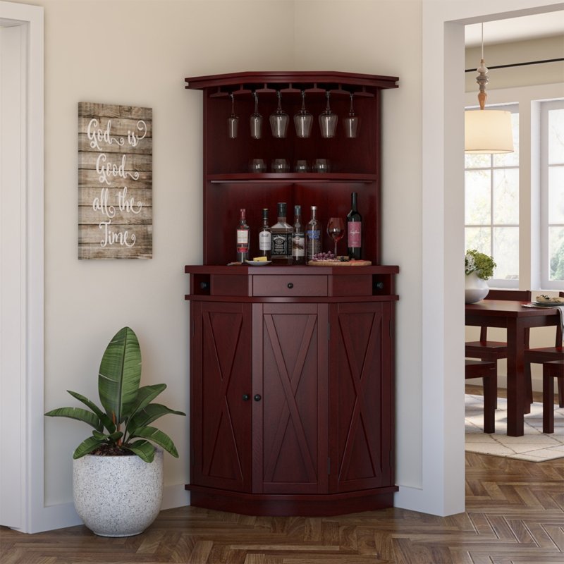 Transitional Dark Wood Corner Bar Cabinet with X-Panel Doors