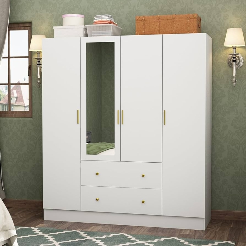 Transitional Four Door Armoire with Gold Hardware and Integrated Mirror