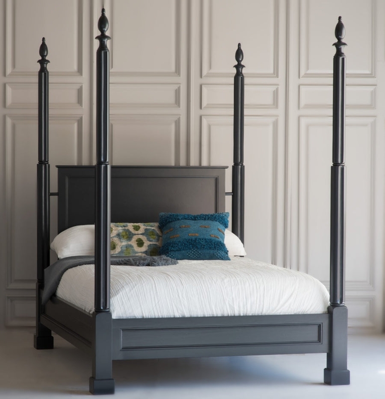 Transitional Four Poster Bed Soft Black Finials Paneled Headboard