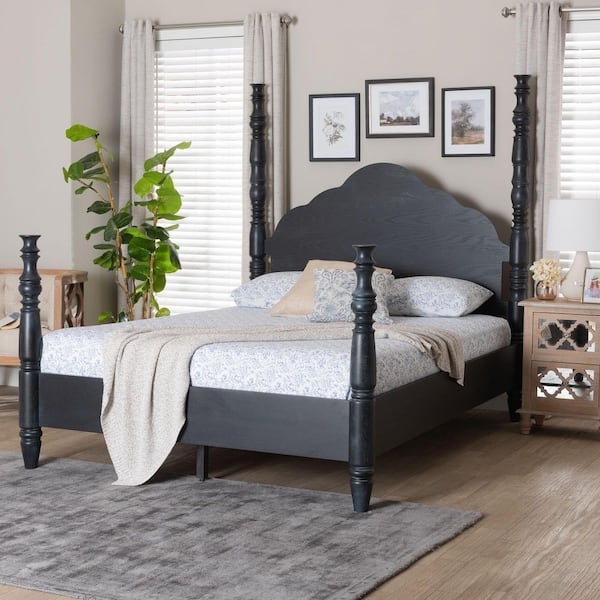 Transitional Four Poster Bed with Scalloped Headboard and Turned Posts